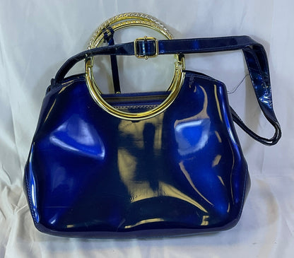 Royal Blue Patent Leather Style Goldtone Accent Zipper Tote Handbag
