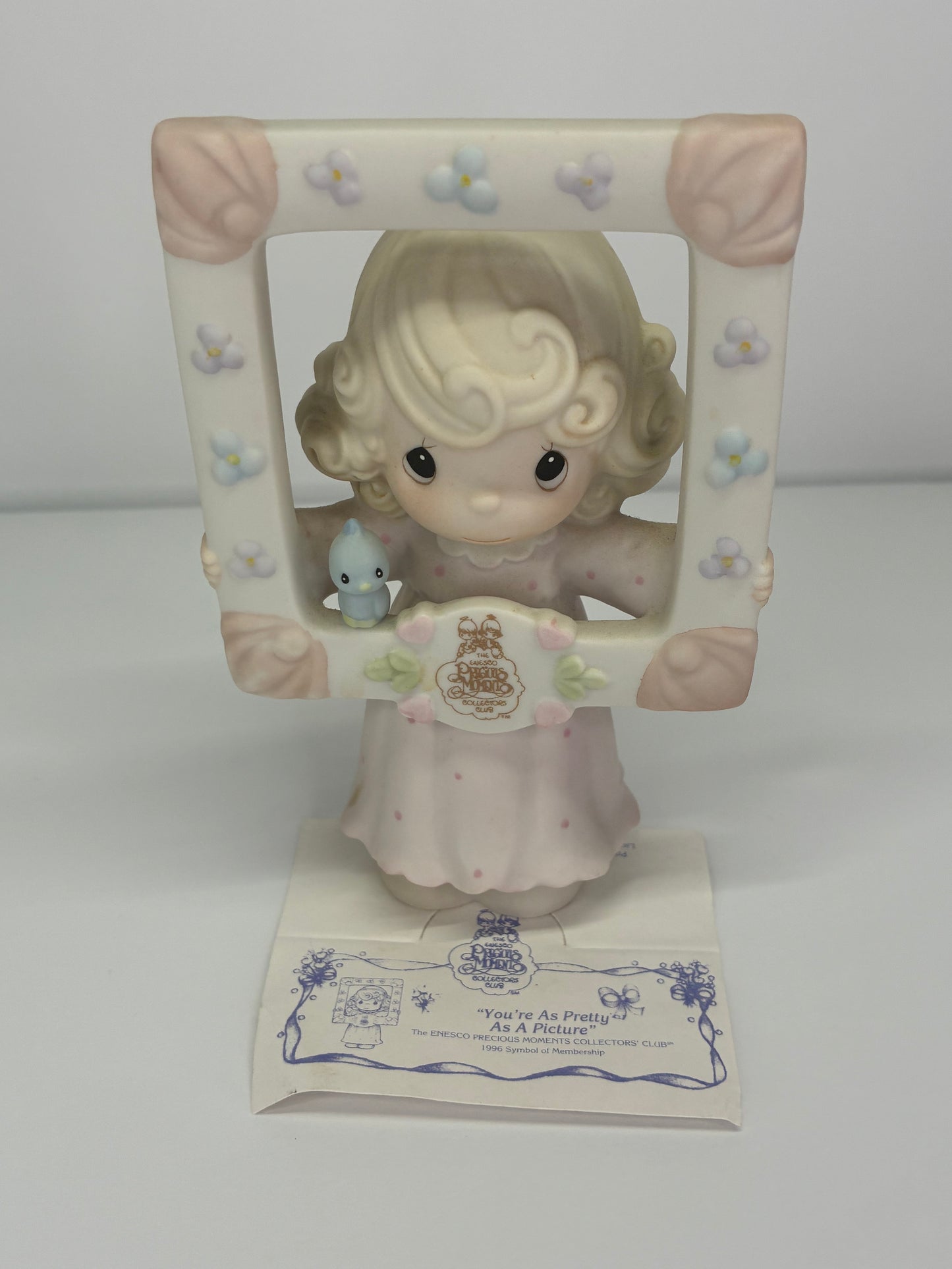 Precious Moments Vintage 1996 Symbol of Membership You're as Pretty as a Picture Hand Painted Porcelain Collectible Figurine Original Box