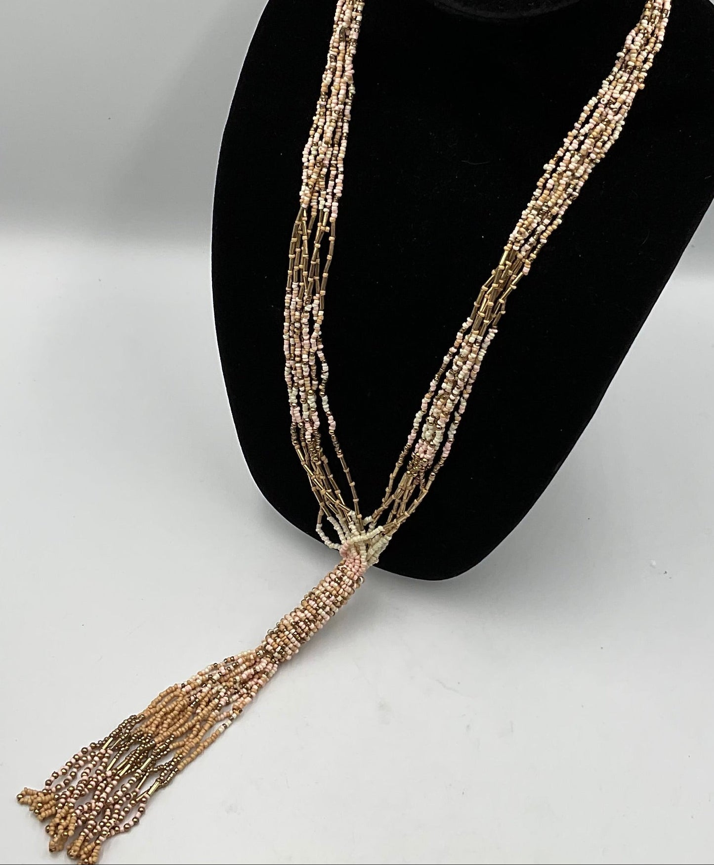 Long Dangling Tassel Necklace Tan Small Beaded Design Fashion Jewelry