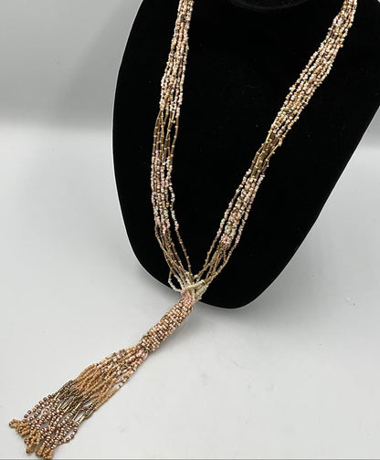 Long Dangling Tassel Necklace Tan Small Beaded Design Fashion Jewelry