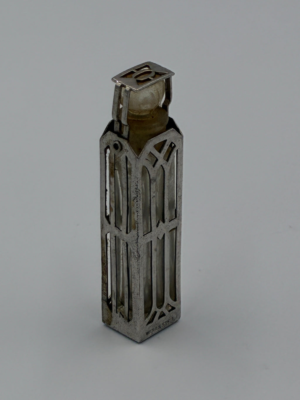 Wells Sterling Silver Caged Scent Bottle and Holder Art Deco