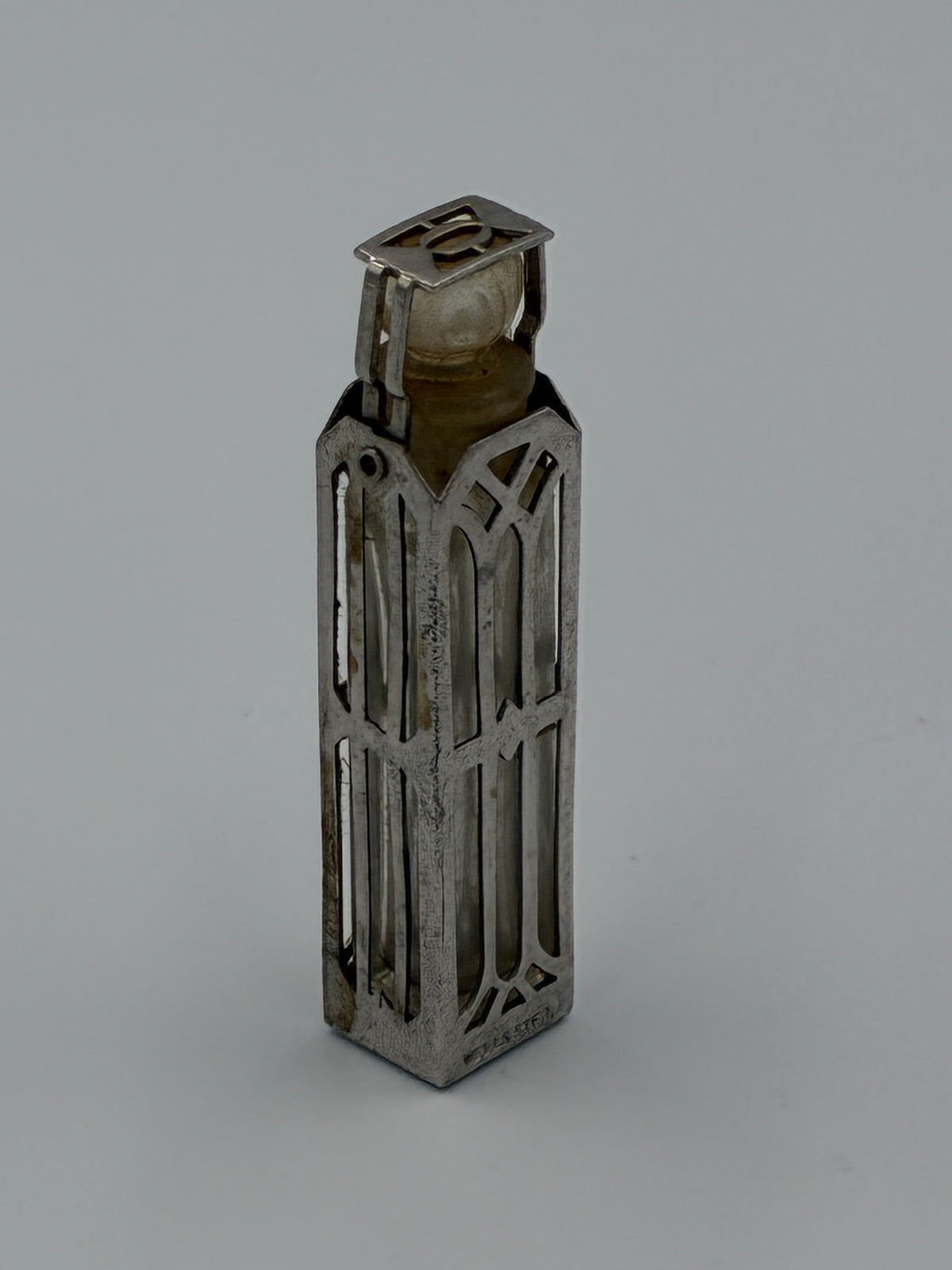 Wells Sterling Silver Caged Scent Bottle and Holder Art Deco