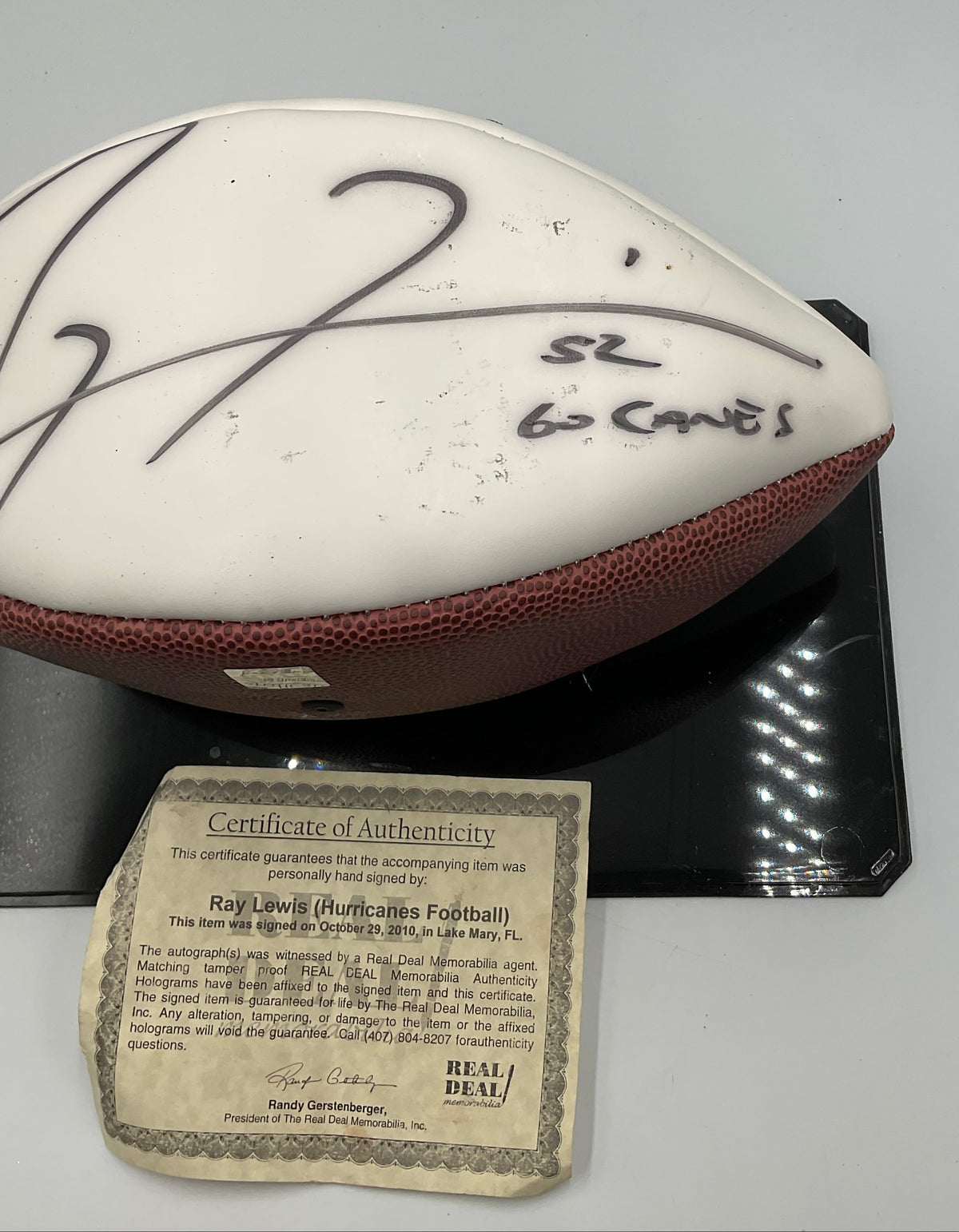 Ray Lewis Autographed University of Miami Hurricanes Football W Certificate of Authenticity
