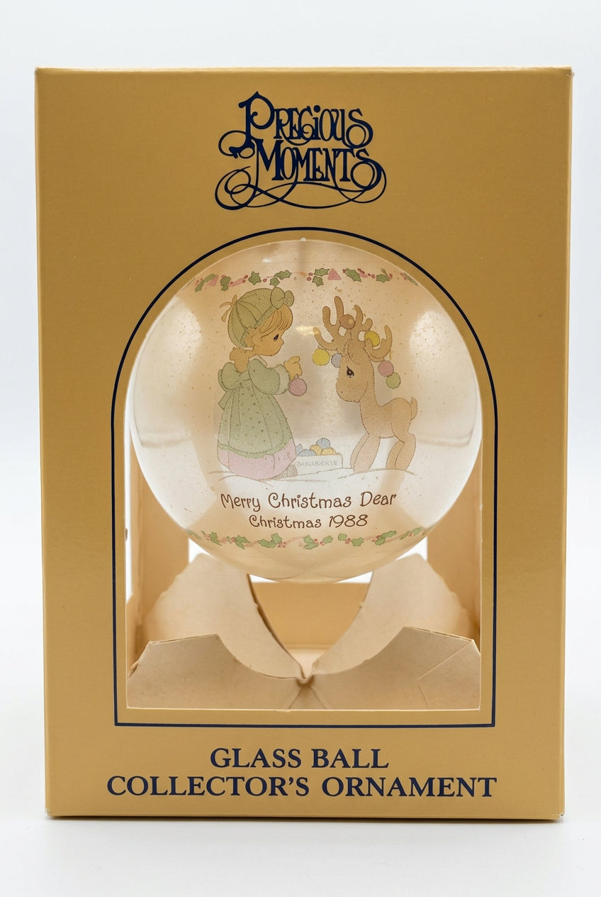 Vintage Precious Moments Ornament Merry Christmas Dear Glass Ball 1988 W/ Box