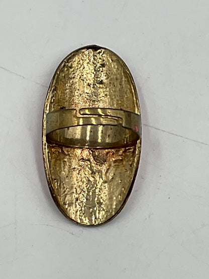 Vintage Gold Tone Adjustable Ring Large Oval Red Stone Statement Jewelry