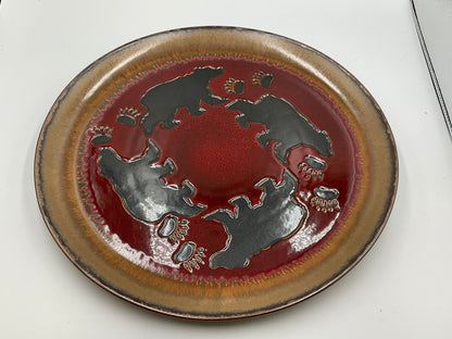 Rustic Bear Round Ceramic Serving Platter Red Brown Lodge Cabin Decor