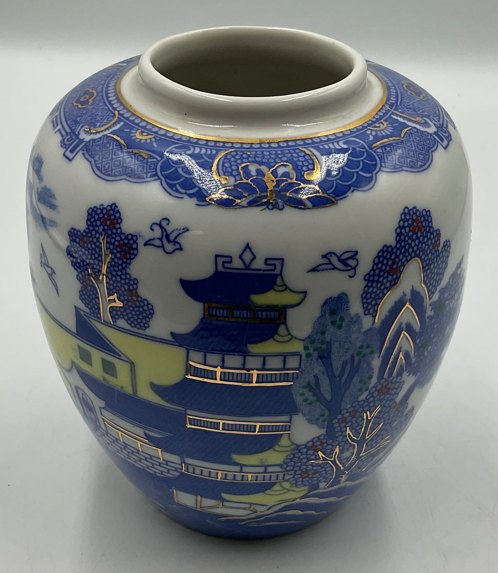 Vintage Chinese Chinoiserie Blue White Pagoda Ginger Jar No Lid