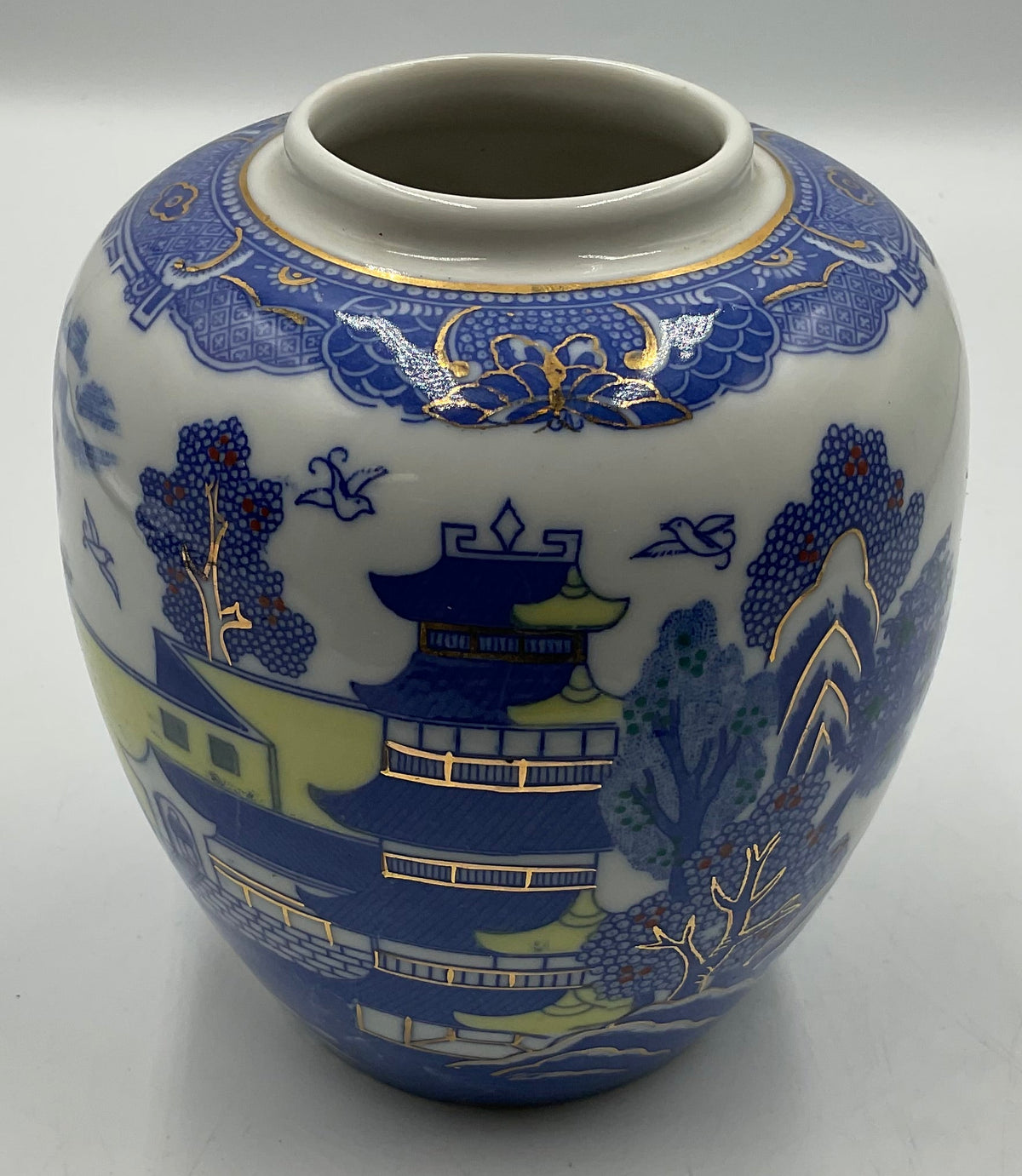 Vintage Chinese Chinoiserie Blue White Pagoda Ginger Jar No Lid