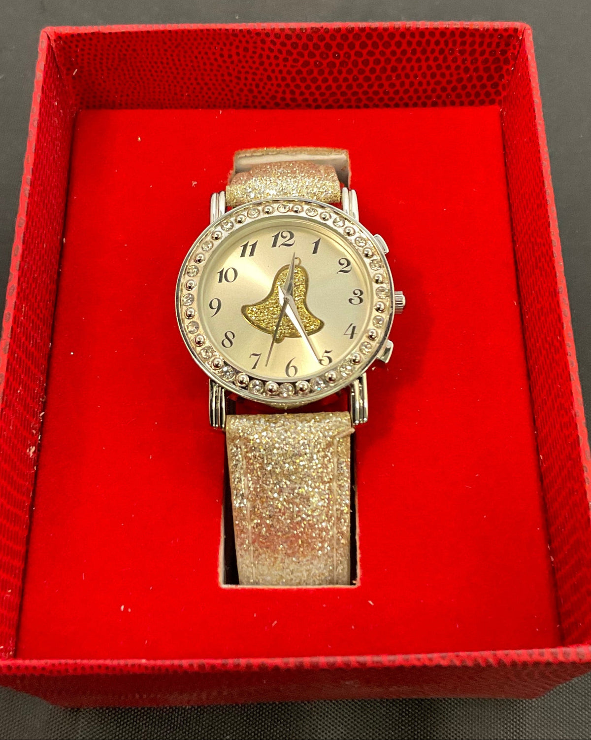 Glam &amp; Glow Holiday Bell Glitter Band Women's Wristwatch Working New Battery in Original Box