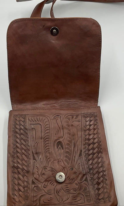 Leaders in Leather Brown Hand Tooled Leather Western Crossbody Messenger Bag