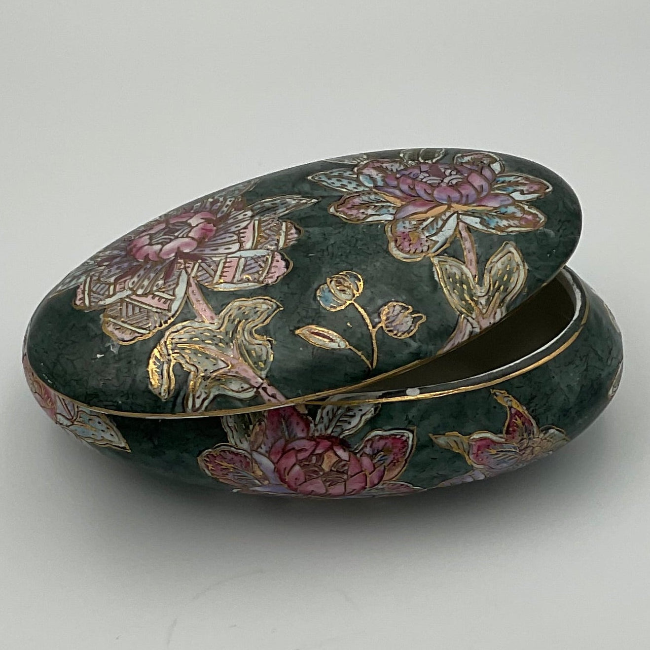 Vintage Antique Asian Hand Painted Oval Chinoiserie Ceramic Trinket Box