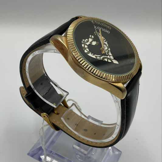 Kensie Heart Gear Design Goldtone Watch Black Leather Band Japan Mvmt