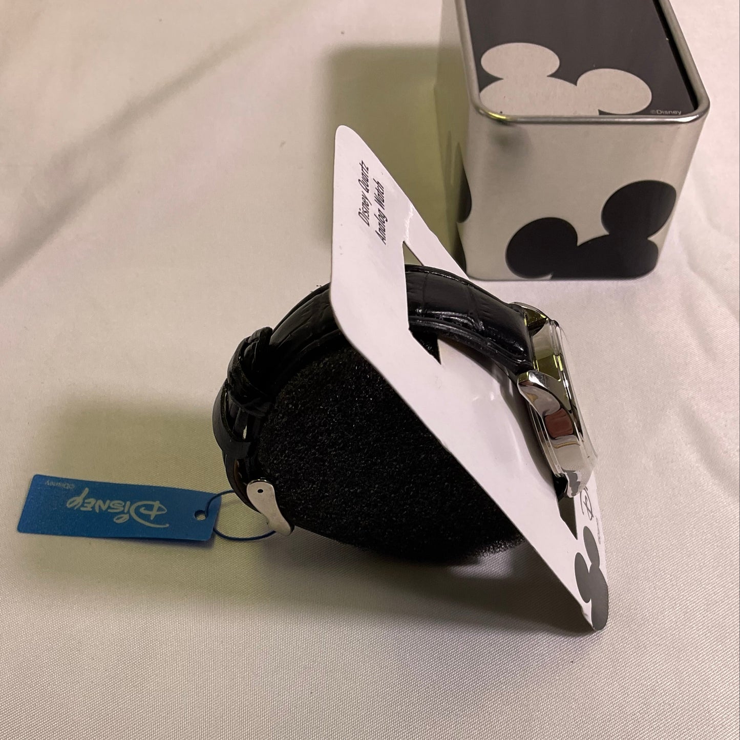 Disney Mickey Mouse Quartz Analog Watch Silvertone Casing Black Band New with Tags in Original Box