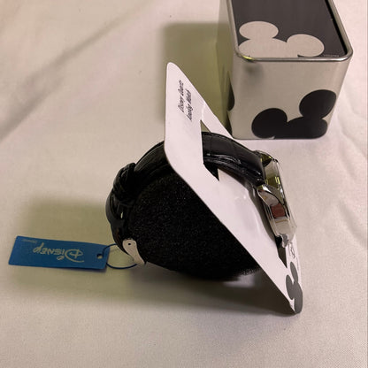 Disney Mickey Mouse Quartz Analog Watch Silvertone Casing Black Band New with Tags in Original Box