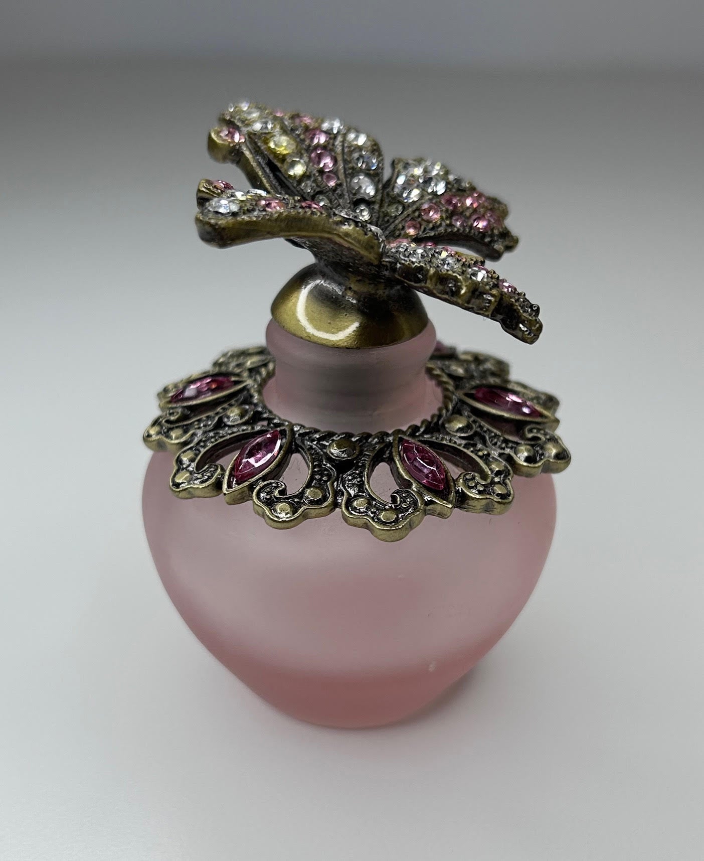 Butterfly Inspired Perfume Bottle Frosted Glass Pink Crystal Jeweled Bottle with Stopper