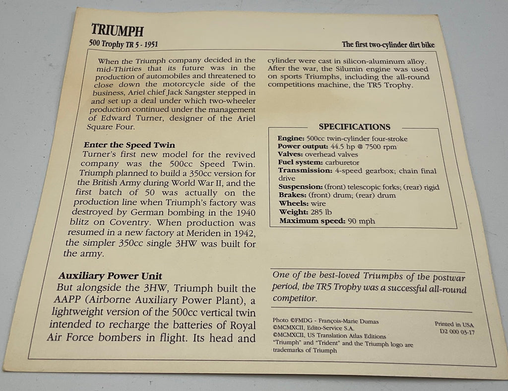 Vintage 1951 Triumph 500 Trophy TR5 Motorcycle Info Card Spec Sheet
