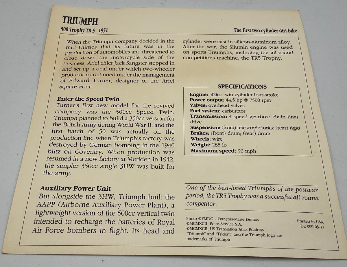 Vintage 1951 Triumph 500 Trophy TR5 Motorcycle Info Card Spec Sheet