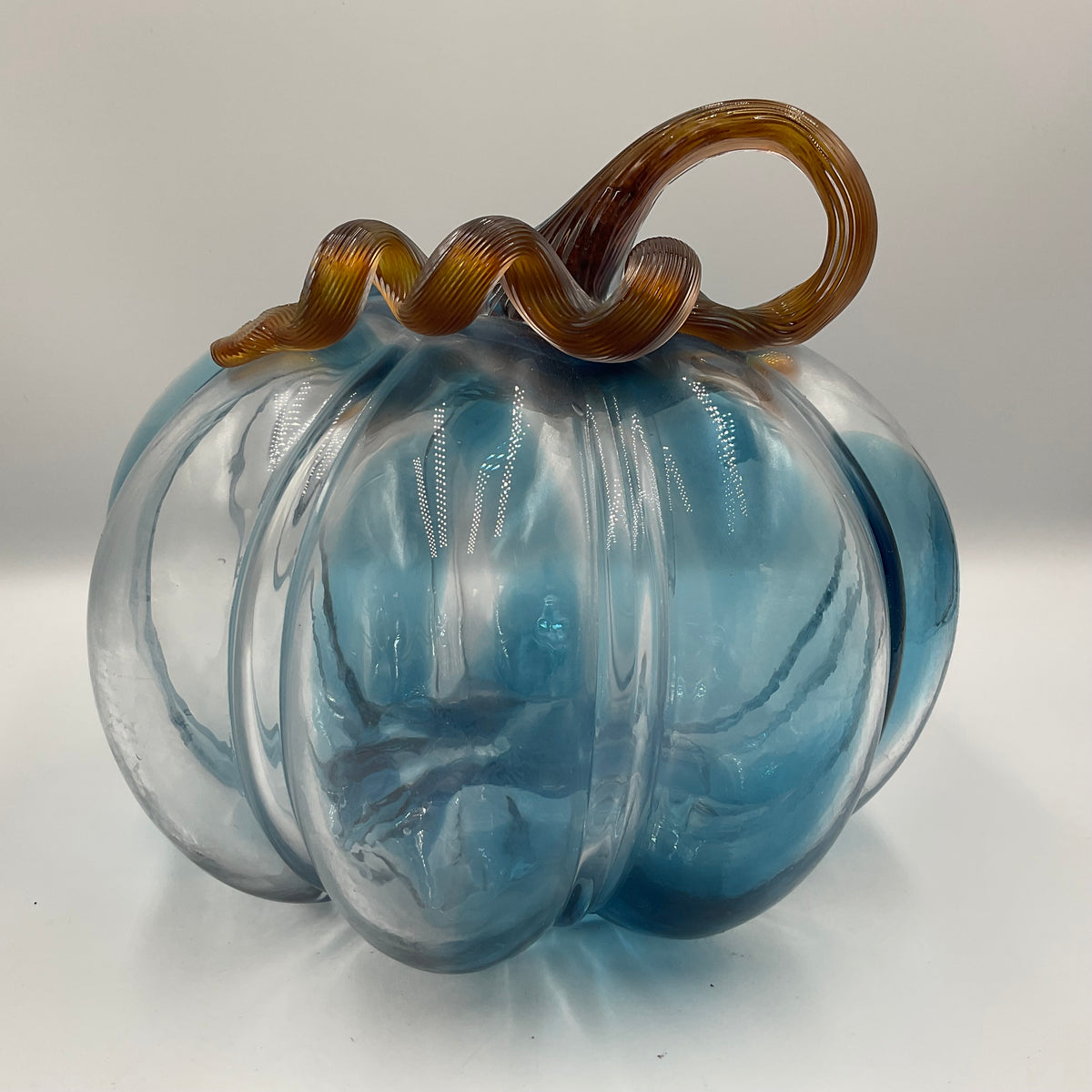 Glass Pumpkin Hand-Blown Blue Brown Stem