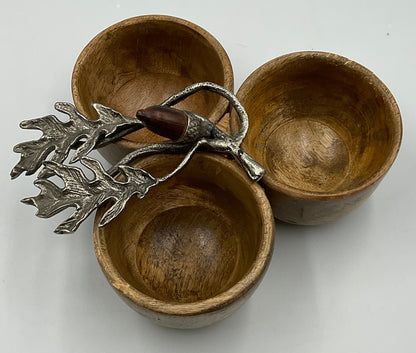 Mud Pie Mango Wood 3 Bowl Acorn Oak Leaf Nut Condiment Serving Set