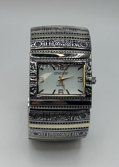 Chicos Women’s Watch Silvertone Cuff Bracelet Style Quartz Japan Movement