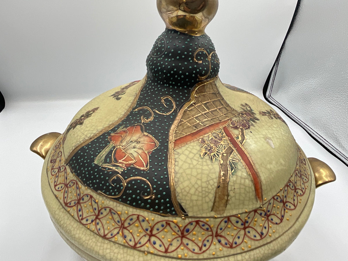 vintage Japanese Satsuma style earthenware covered tureen or casserole dish