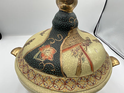 vintage Japanese Satsuma style earthenware covered tureen or casserole dish
