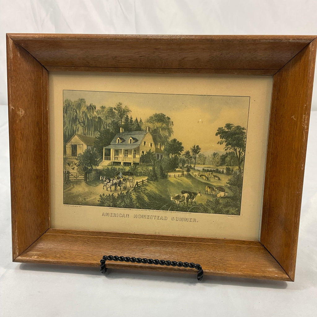American Homestead Summer Wooden Frame Currier Ives Reproduction 7 7/8"x12 3/8"