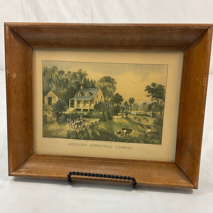 American Homestead Summer Wooden Frame Currier Ives Reproduction 7 7/8"x12 3/8"