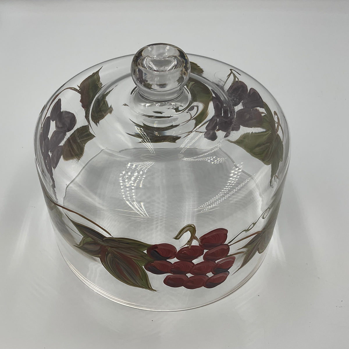 Vintage Hand Painted Glass Cheese Dome Cloche Grape Vine Fruit Design