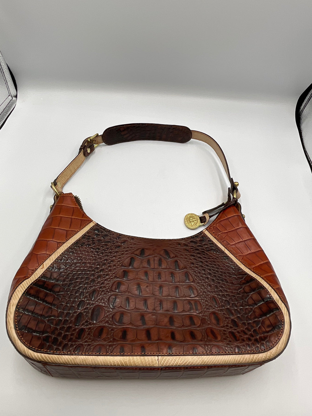 Brahmin Karissa Hobo Bag Crocodile Embossed Leather Brown Tan