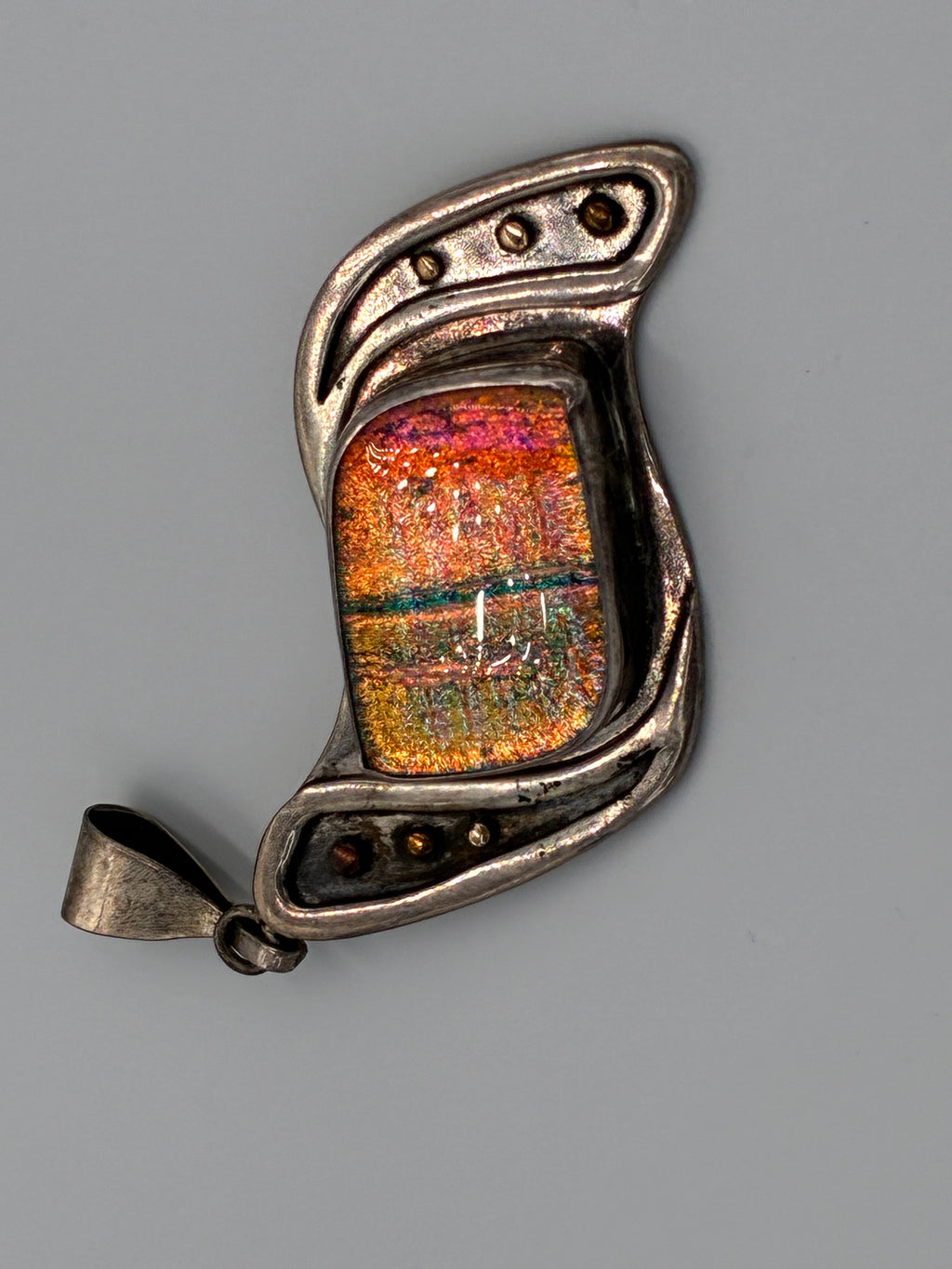 Artisan Dichroic Fused Glass Pendant 14K Gold Sterling Signed CRC As-Is