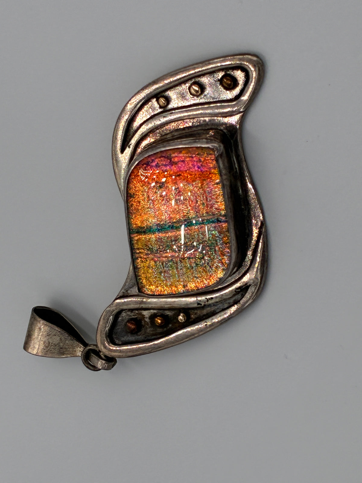 Artisan Dichroic Fused Glass Pendant 14K Gold Sterling Signed CRC As-Is