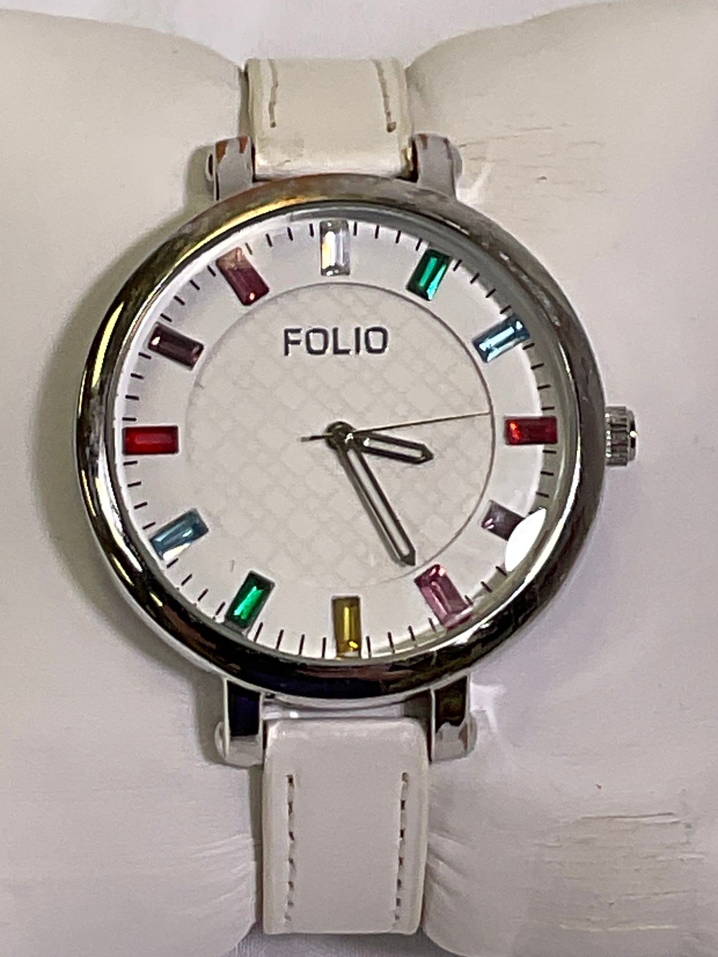 Folio White Quartz Rainbow Accent Analog Womens Watch Original Box Working Condition New Battery