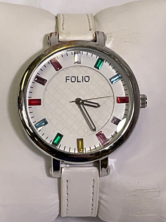 Folio White Quartz Rainbow Accent Analog Womens Watch Original Box Working Condition New Battery