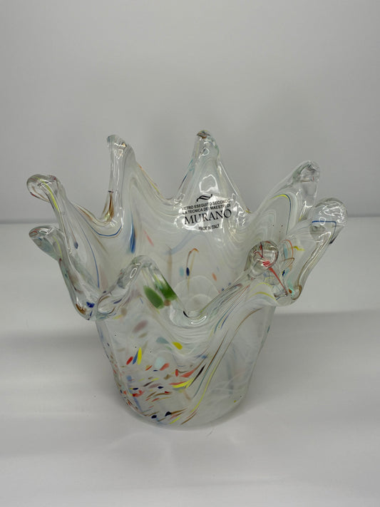 Murano Glass Authentic Italian Handmade Rainbow Speckled Crown Shaped Vase