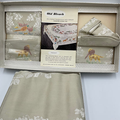 Vintage Old Bleach Tablecloth Pheasant Hunting with Matching Napkins
