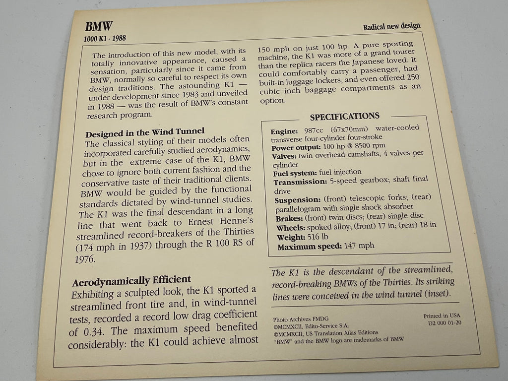 Vintage AJS 500cc Supercharged V4 Competition Motorcycle Info Card Spec Sheet