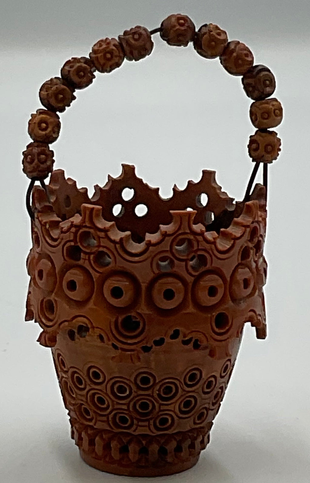 Miniature Coquilla Nut Basket Scalloped Beaded Handle