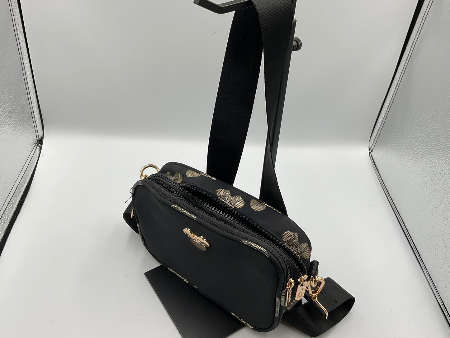 Disney Minnie Mouse Black And Gold Zipper Crossbody Belt Bag