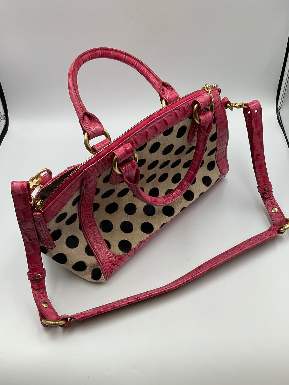SPA-Purses MEDIUM Brahmin Hot Pink Croc Embossed Leather Satchel Handbag Polka Dot Calf Hair Accents Crossbody Bag