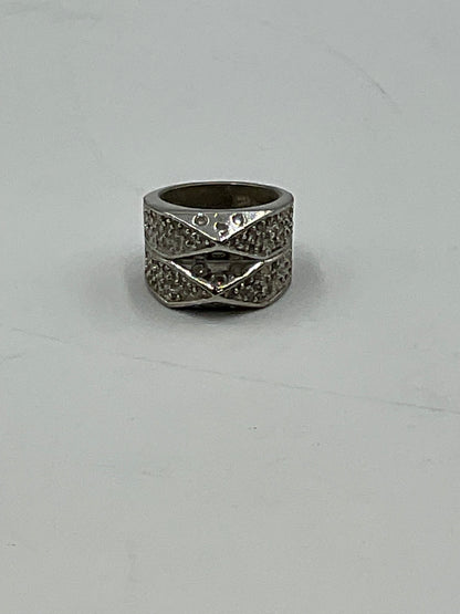 Silver Toned Wide Band Ring Geometric Criicross Clear Rhinestone Accents