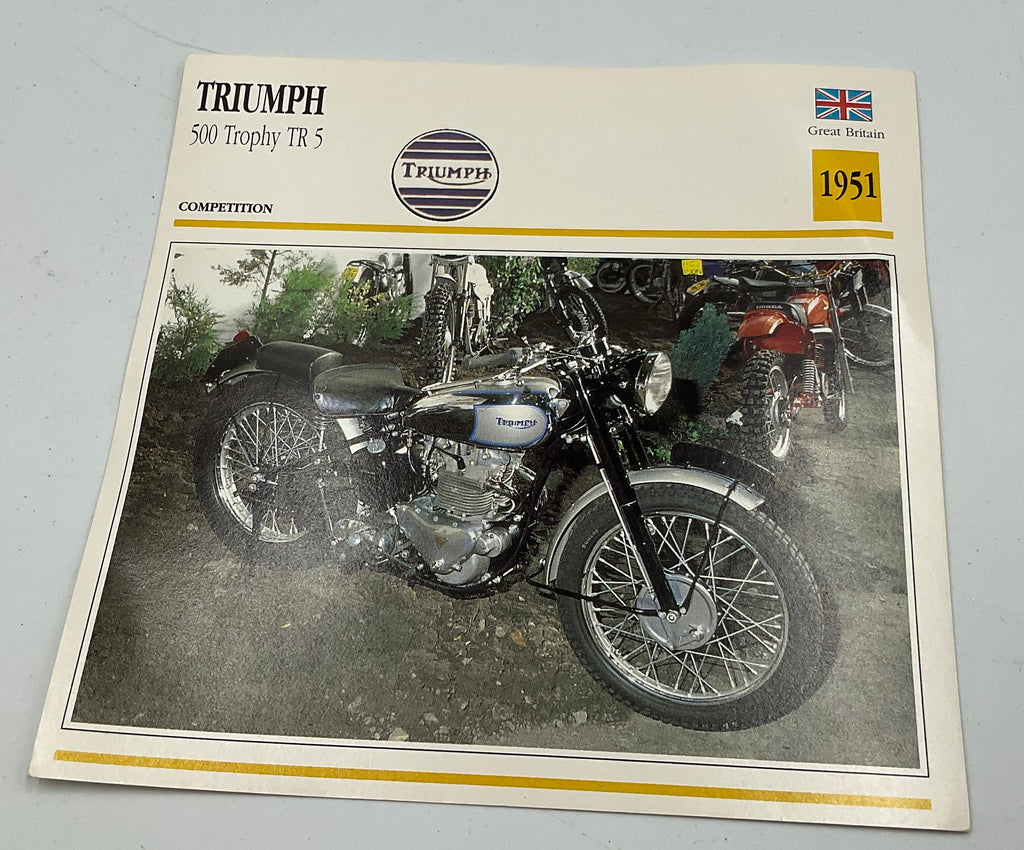 Vintage 1951 Triumph 500 Trophy TR5 Motorcycle Info Card Spec Sheet