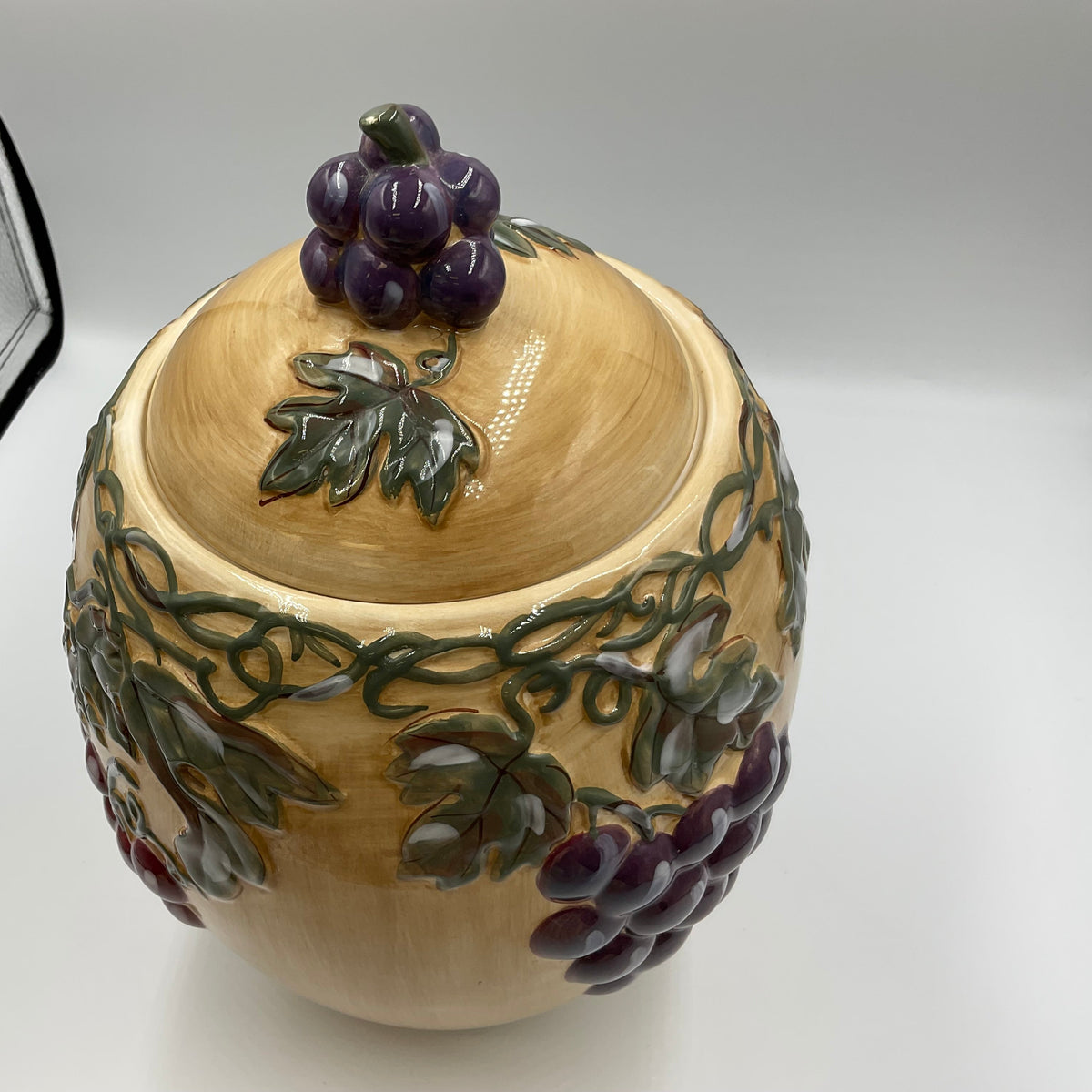 Meritage Ceramic Grape Vine Covered Canister Jar Raised Fruit Design
