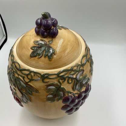 Meritage Ceramic Grape Vine Covered Canister Jar Raised Fruit Design