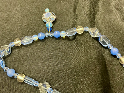 Blue and Gold Choker Necklace with Gold Leaf clasp and Stone Pendant
