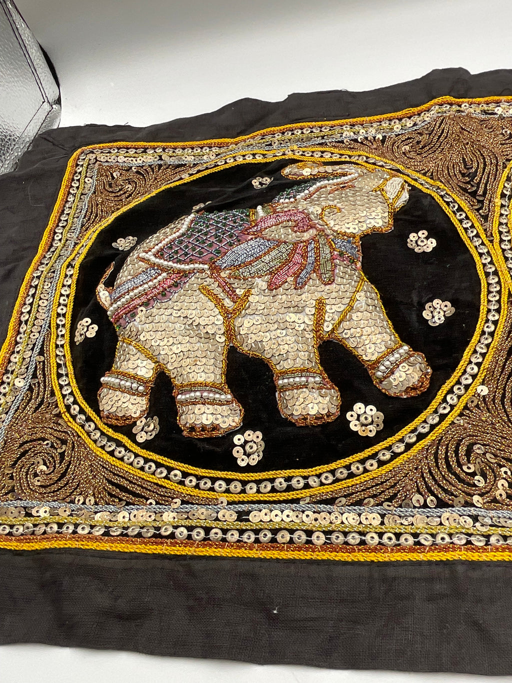 Vintage Burmese Kalaga Tapestry Hand Embroidered Elephant Wall Hanging Made in Myanmar