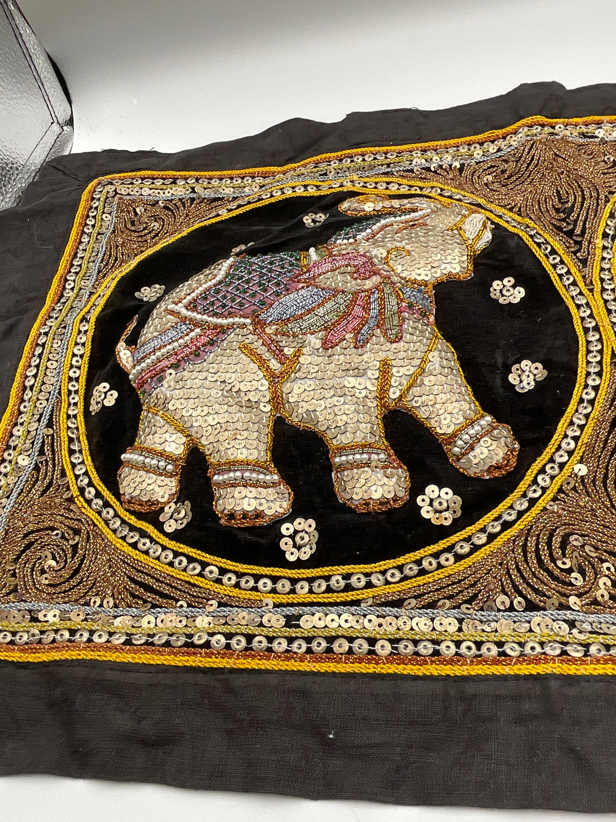 Vintage Burmese Kalaga Tapestry Hand Embroidered Elephant Wall Hanging Made in Myanmar