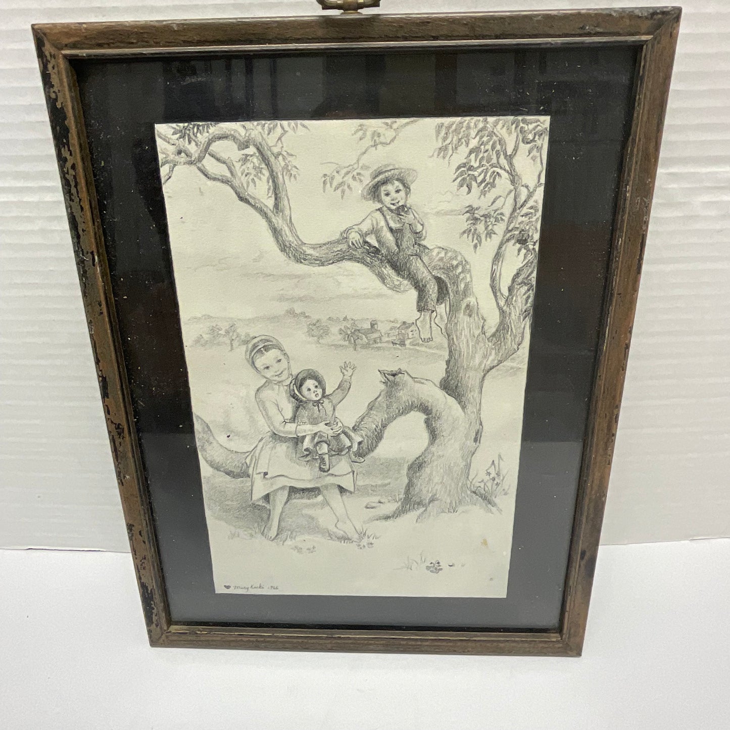 Mary Koski Artist Vintage 1966 Framed Pencil Art Sketch Children at Play