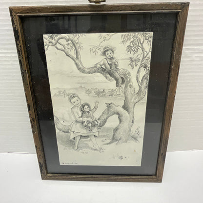 Mary Koski Artist Vintage 1966 Framed Pencil Art Sketch Children at Play