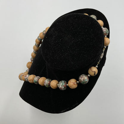 Ball Bead Tan Silvertone Red Vein Design Necklace Fashion Jewelry